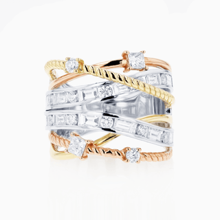 The Cosmic Time ring with tri-color gold and diamonds