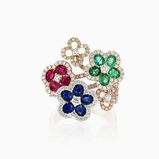 Flora Bloom Ring, White Gold & Ruby, Emerald, Sapphire and Diamonds