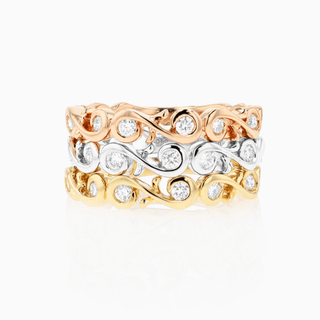 Seamless Script Stacking Rings, Tri-Color Gold and Diamonds